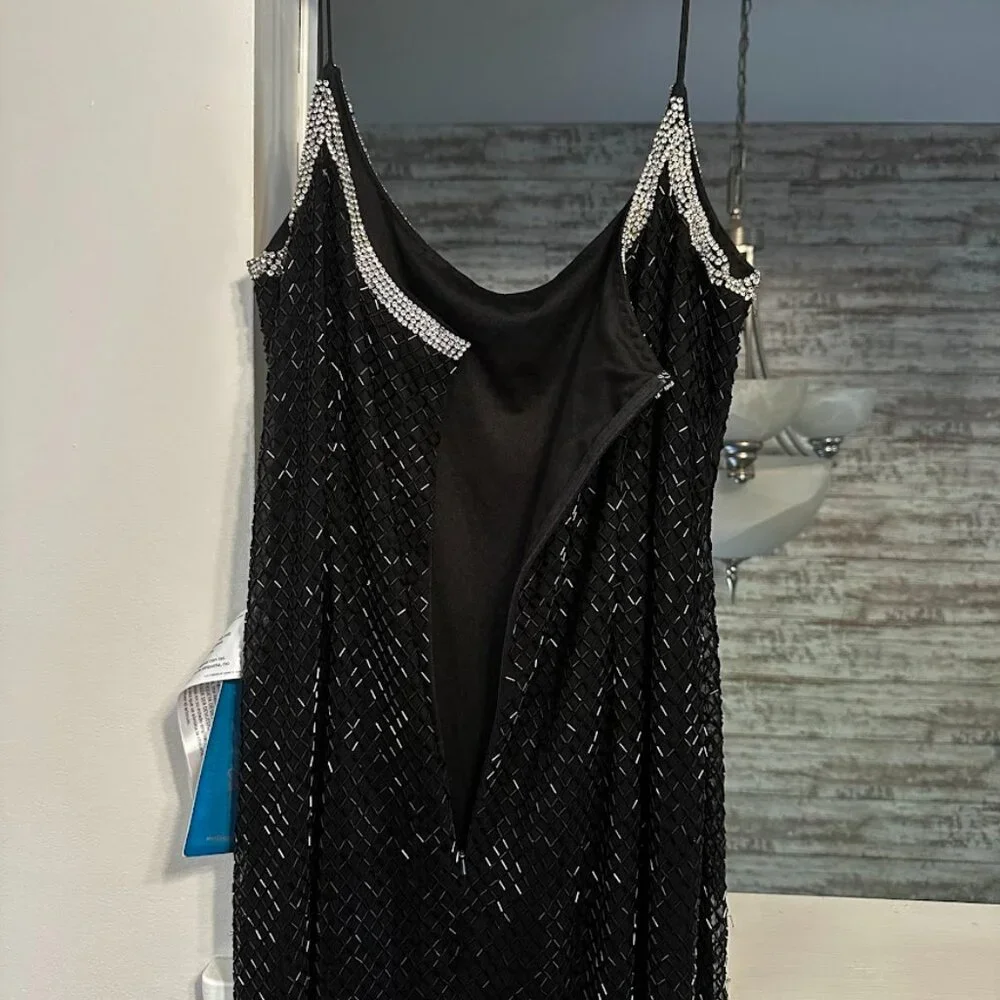 NWT Mac Duggal Black Beaded Spaghetti Strap Gown Sz 14 Formal Evening Dress - Picture 11 of 16